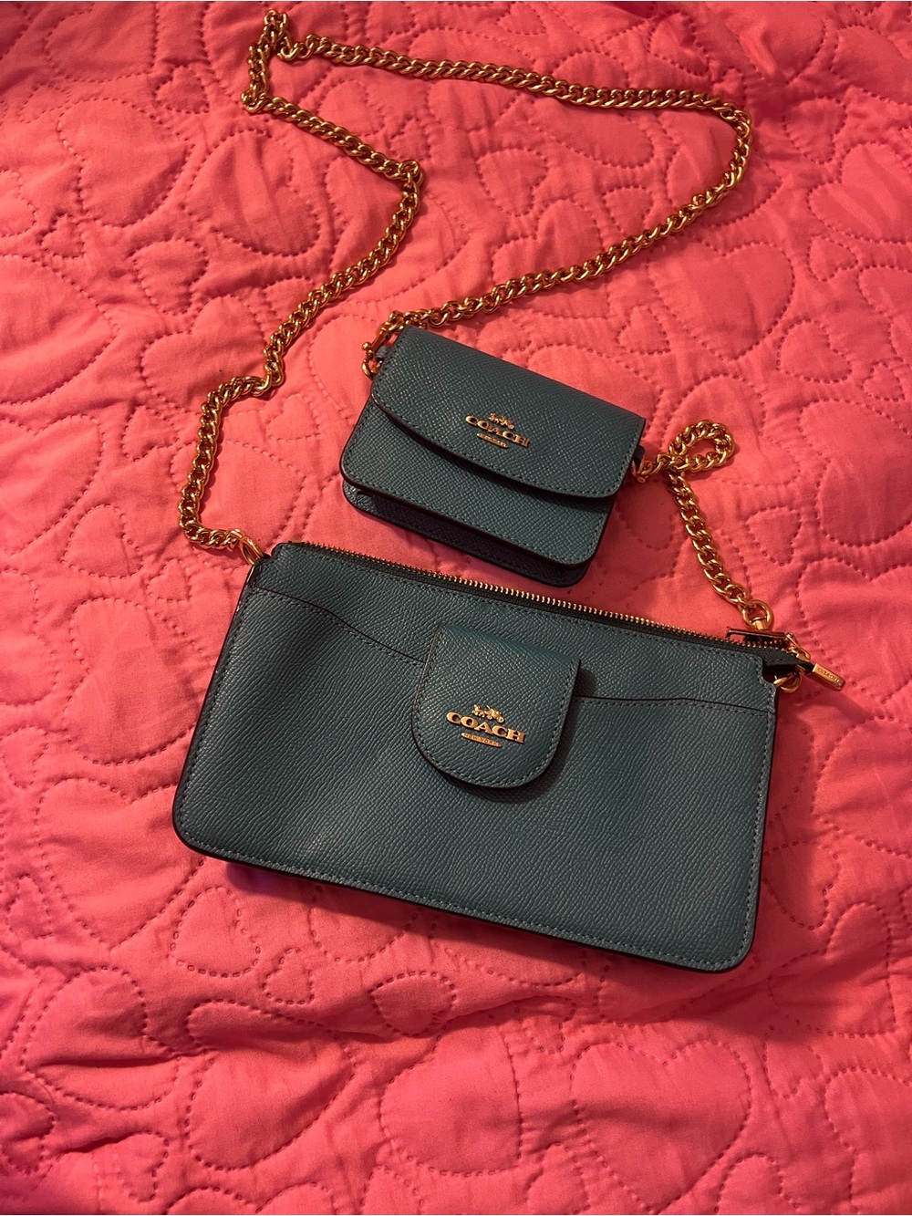 Coach Teal Leather Chain Crossbody Set with Gold Hardware